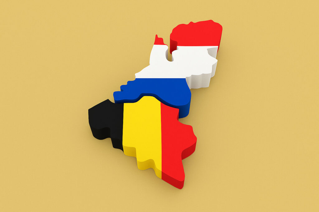 3D-kaart van Nederland en België met nationale kleuren – werkgebied van Reservesleutel.nl in Nederland en België