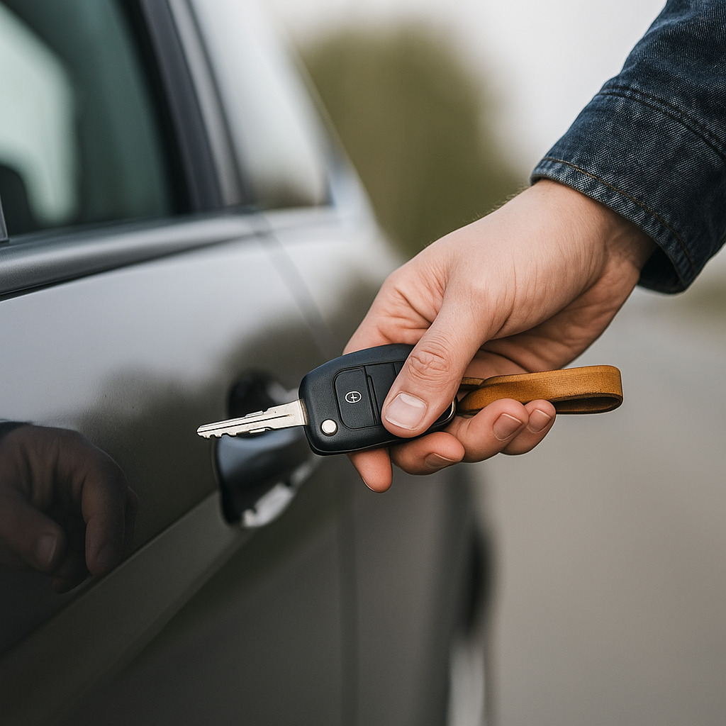 Man probeert auto te openen met autosleutel naast zwarte auto – autosleutelservice van Reservesleutel.nl, sleutel bijmaken en programmeren op locatie