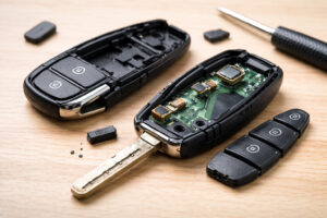 Geopende autosleutel waarbij de printplaat en transponderchip zichtbaar zijn, voorbeeld van sleutelbehuizing wisselen