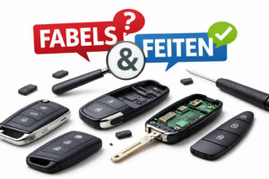 Autosleutels met geopende behuizing en elektronica die fabels en feiten over autosleutels visualiseren