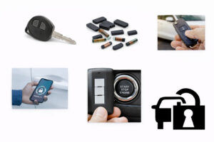 Overzicht van autosleutels, transponderchips en immobilizertechniek op witte achtergrond