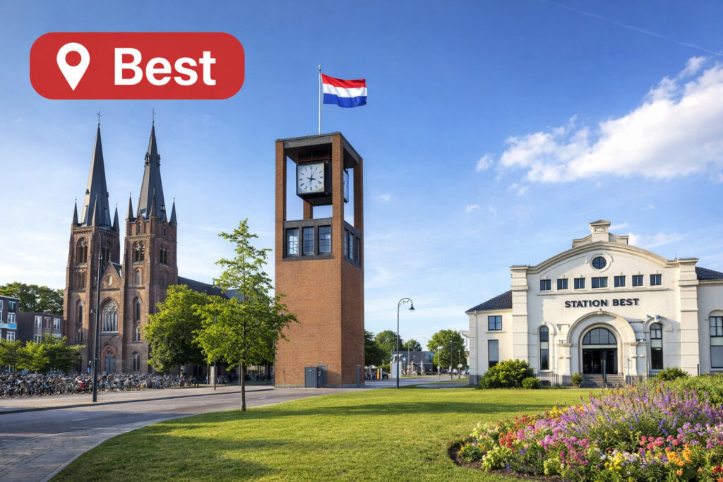 Centrum van Best in Noord-Brabant met Station Best en herkenbare gebouwen, locatie voor autosleutel bijmaken